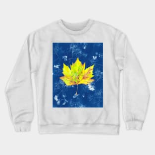 Yellow watercolour autumn leaf on a blue cyanotype background Crewneck Sweatshirt